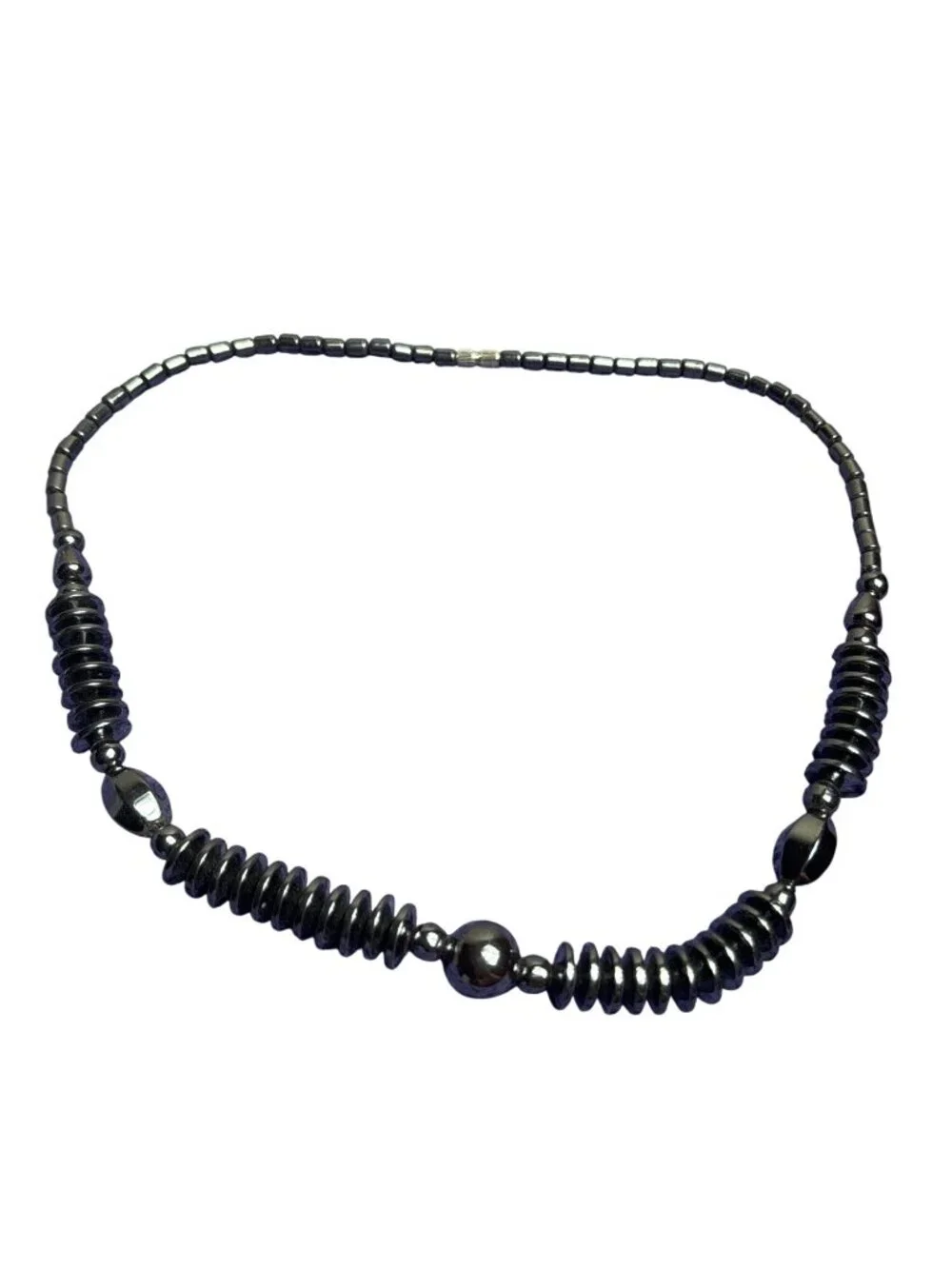 Artisan Hematite Beaded Necklace Silvertone Barrel Clasp 17 inches Long